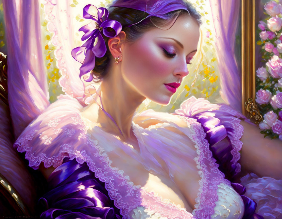 Elegant woman with purple ribbon in hair in warm light next to floral drapery