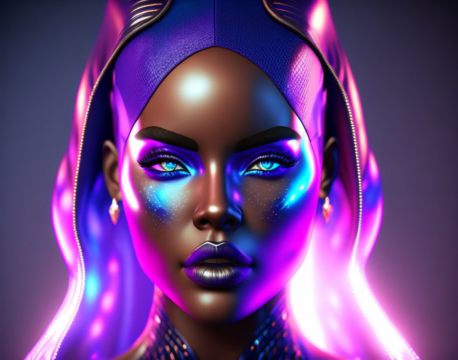 Ethereal digital artwork of woman with glowing blue skin in vibrant makeup