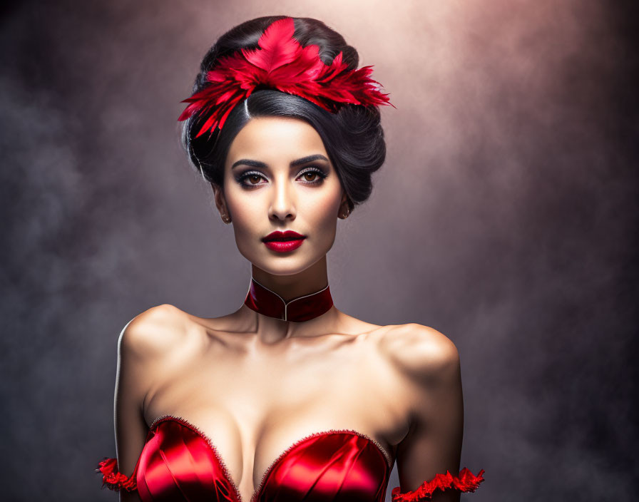 Woman with Elegant Updo and Red Feather Accessory in Glossy Red Outfit Against Smoky Back