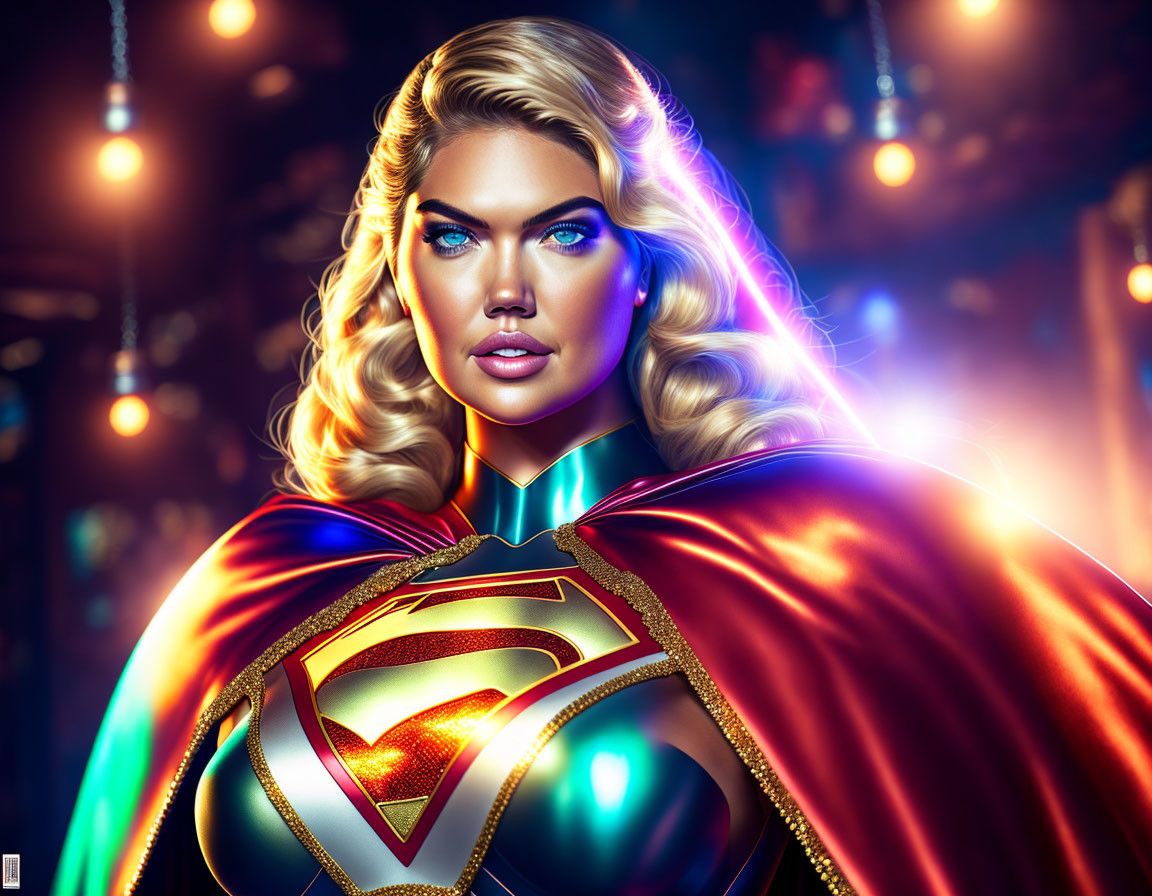 Female superhero with S emblem in blue suit and red cape, blonde hair, confident gaze in glowing backdrop