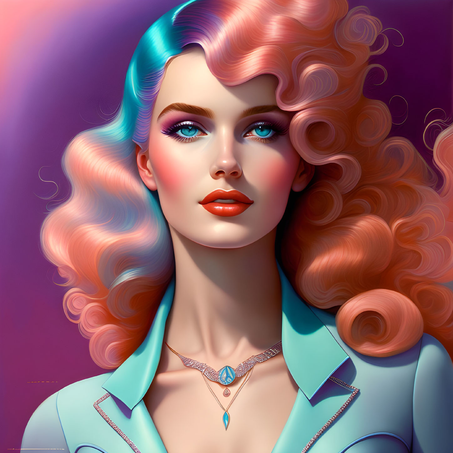 Digital portrait of woman with pastel hair and turquoise outfit