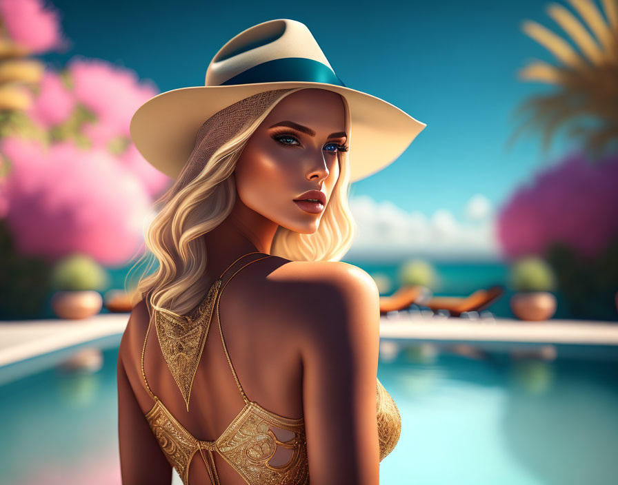 Stylized illustration of woman in wide-brimmed hat by pool