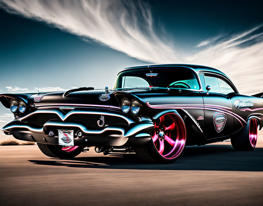 Classic Black Car with Pink Neon Underglow Driving Under Dramatic Sky