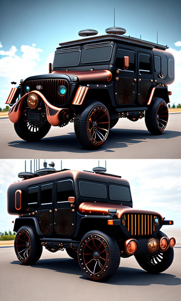 Stylized black and orange SUV with copper details in futuristic design