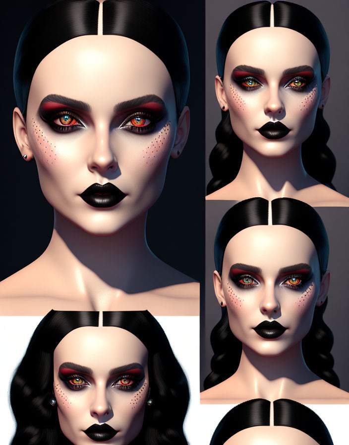 Collage of Female Character with Black Hair and Red Accents