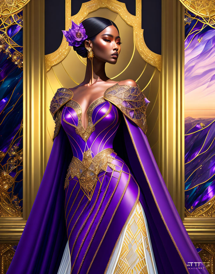 Regal woman in purple and gold gown with shoulder armor by golden throne