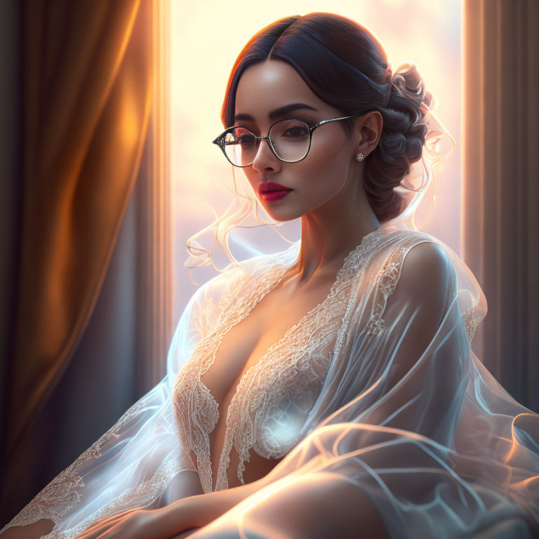 Woman in glasses wearing bridal lingerie by window with sunlight and curtains.