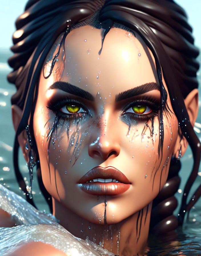 Striking green-eyed woman portrait with wet skin and droplets on blue background