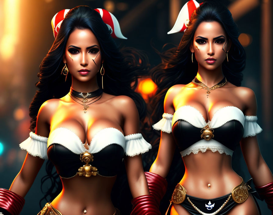 Twins in Pirate-Inspired Costumes with Fantasy Cityscape