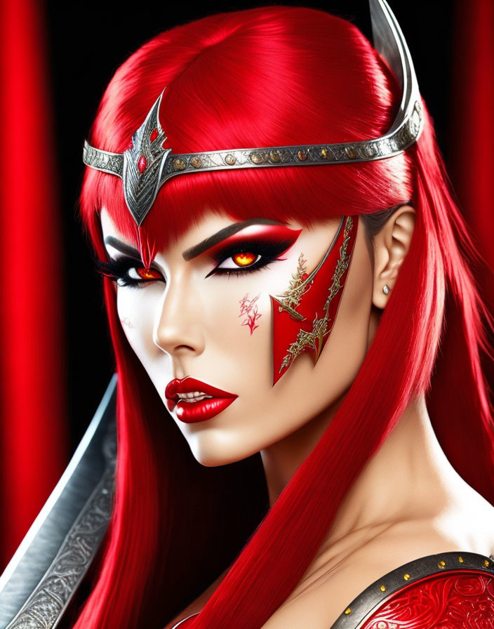 Vivid illustration of woman with red hair, red eyes, silver tiara, and dramatic makeup.