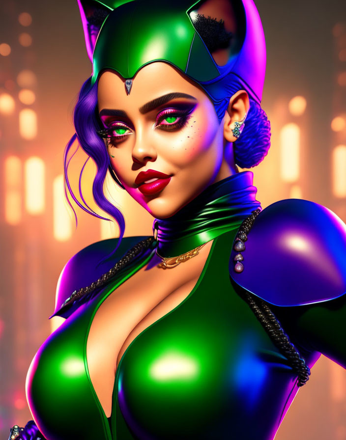 Stylized 3D illustration of woman with cat-like features in green and purple suit against urban