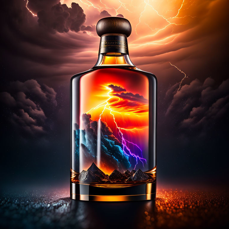 Illustrated stormy sunset whiskey bottle label with mountains and lightning.