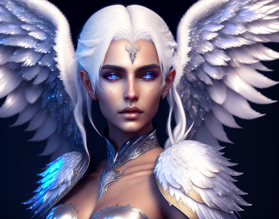 Fantasy character with white wings, pale skin, blue eyes, silver armor, and intricate forehead design