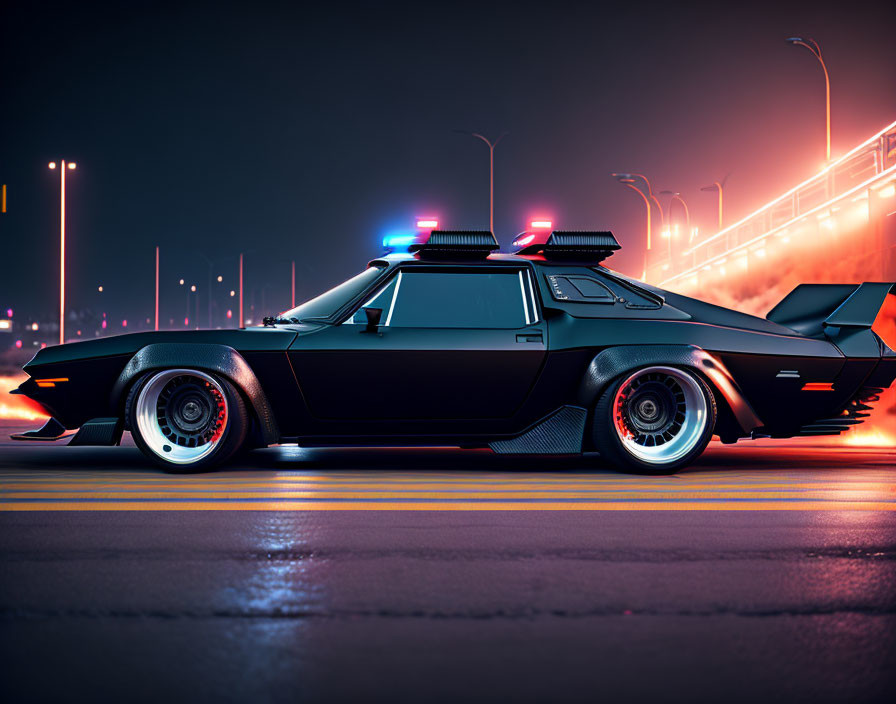 Vintage black car with neon police lights parked in city at dusk