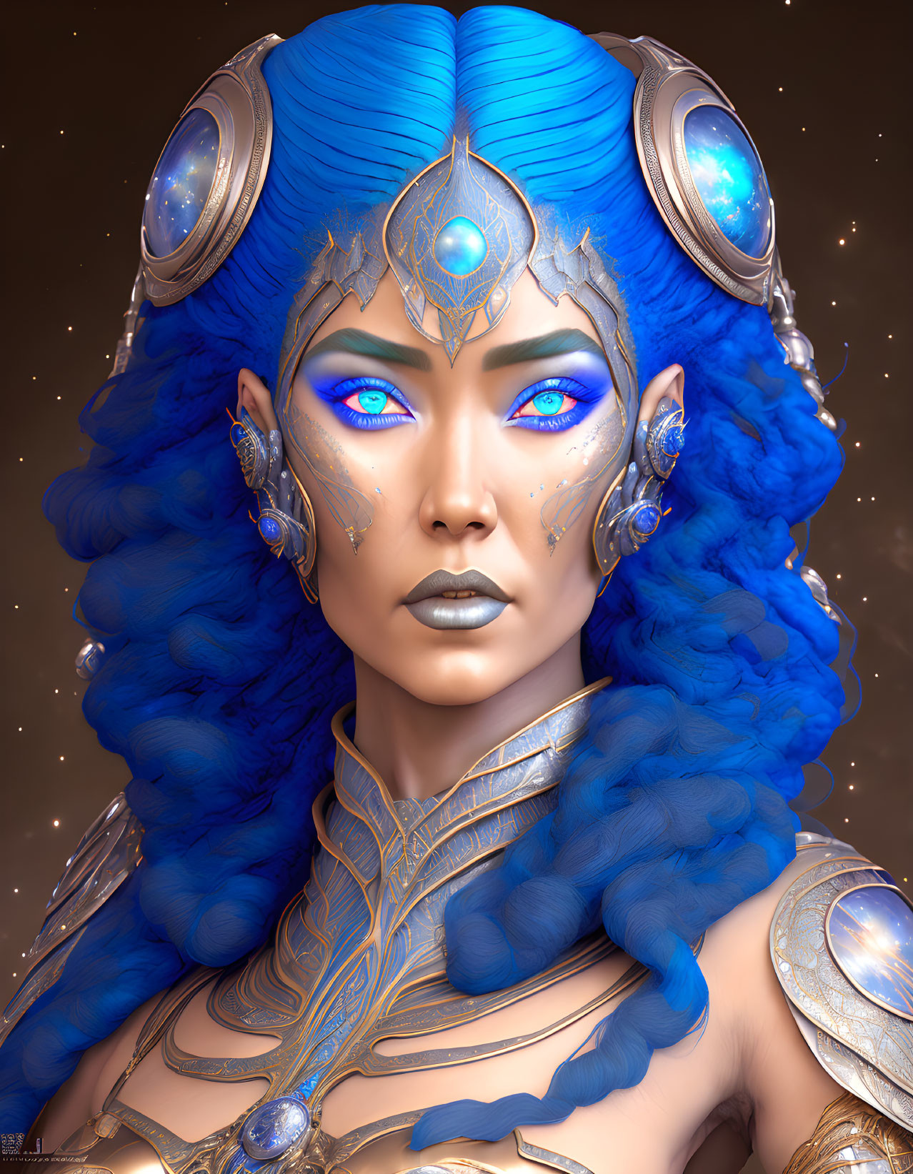 Blue-skinned woman with ornate gold-and-blue headgear and armor portrait.
