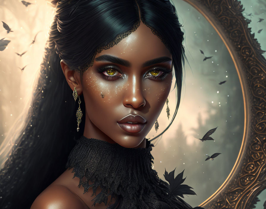 Digital Art Portrait of Woman with Striking Green Eyes and Autumn Motif