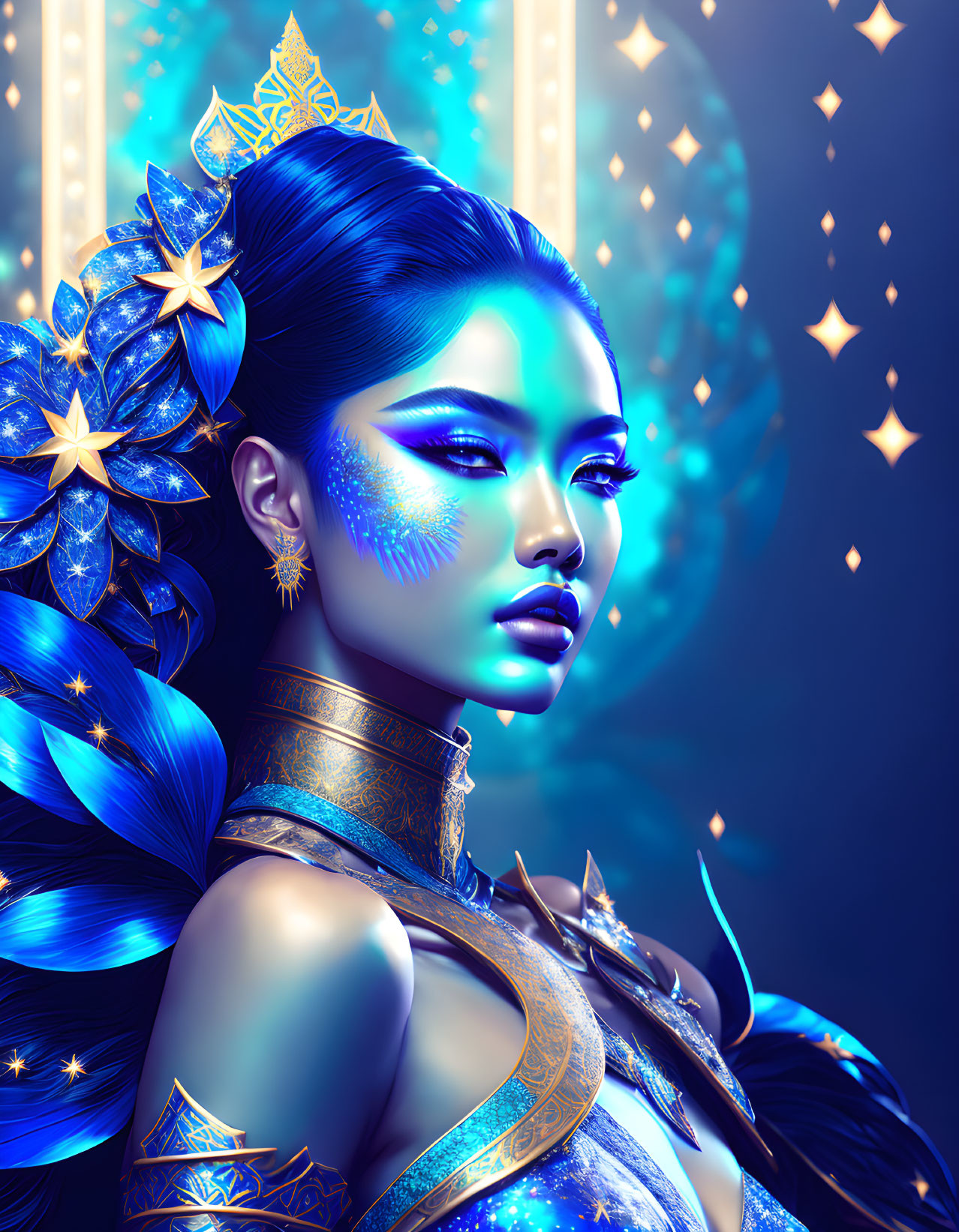 Stylized digital artwork of a woman with blue skin and intricate gold and blue headpiece.
