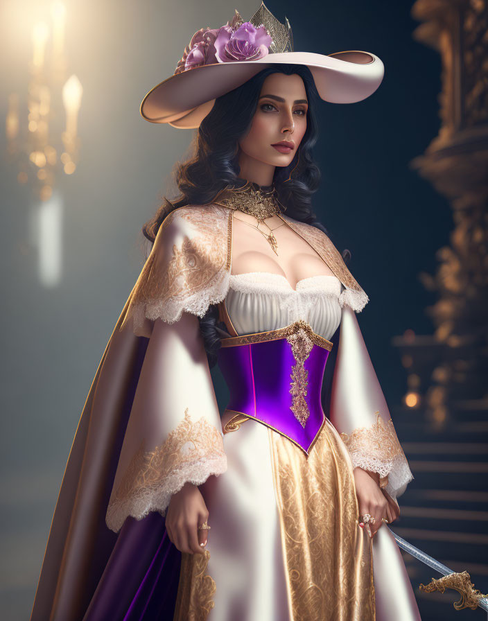 Historical woman in wide-brimmed hat, golden dress, purple corset, holding a sword