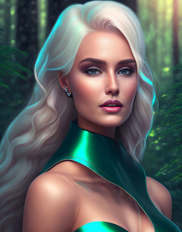 Blonde Woman in Teal Outfit in Forest Scene
