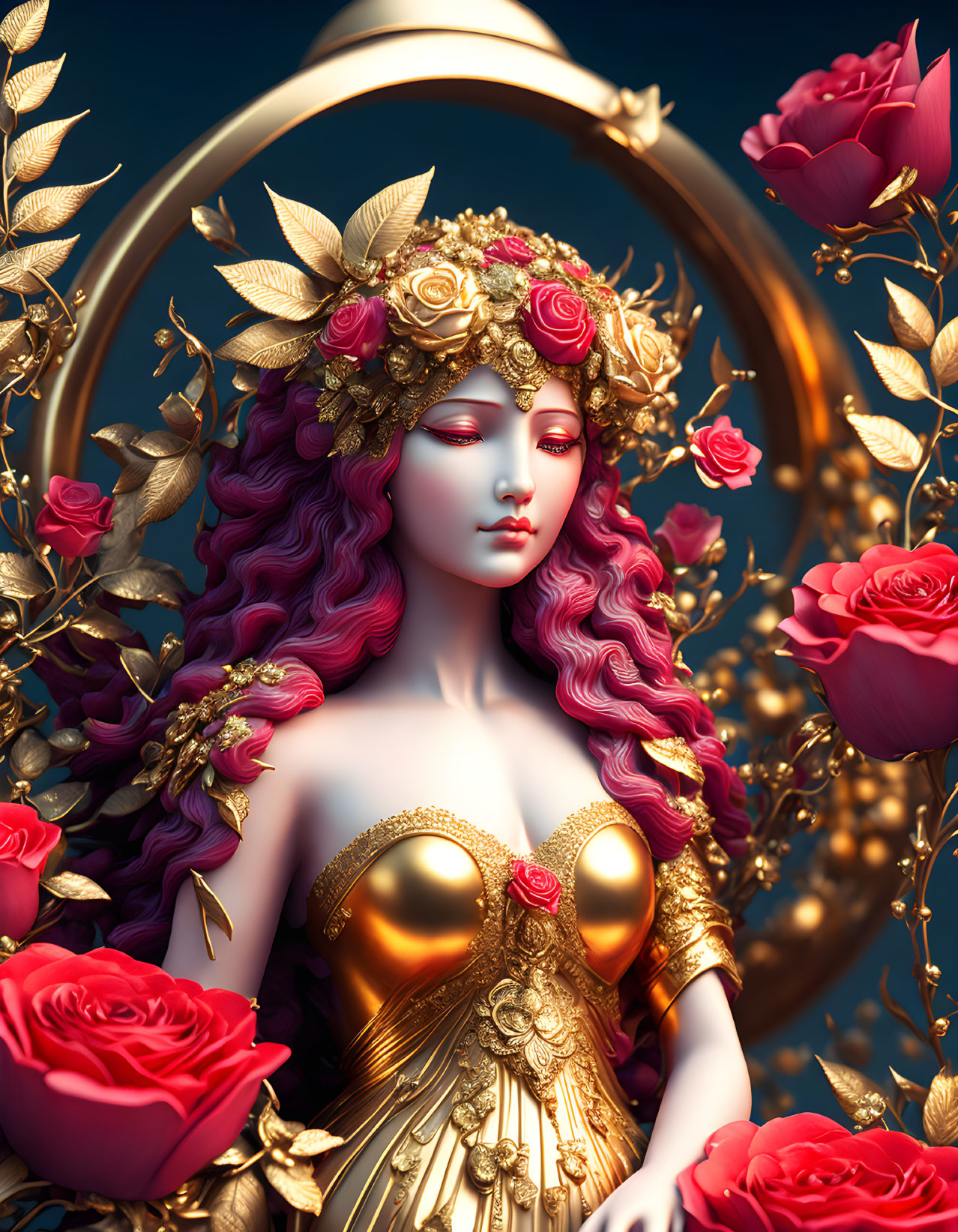 Stylized 3D-rendered woman with pink hair in gold floral crown, surrounded by red