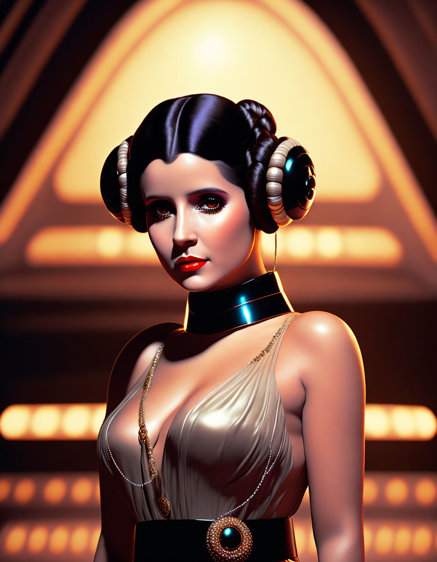Stylized portrait of woman with buns hairstyle in futuristic outfit against lit backdrop