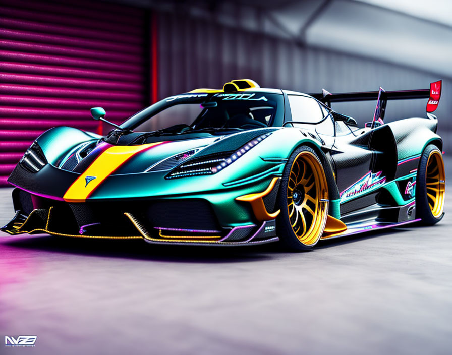 Colorful Sports Car with Purple, Teal, and Gold Accents in Pink-Glow Garage