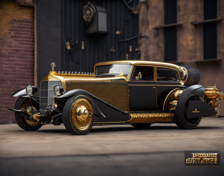 Vintage Car with Gold Detailing and Classic Design Parked Near Industrial Doors