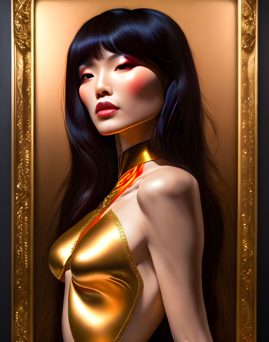 Portrait of woman with long black hair, red eye makeup, gold dress in ornate frame.