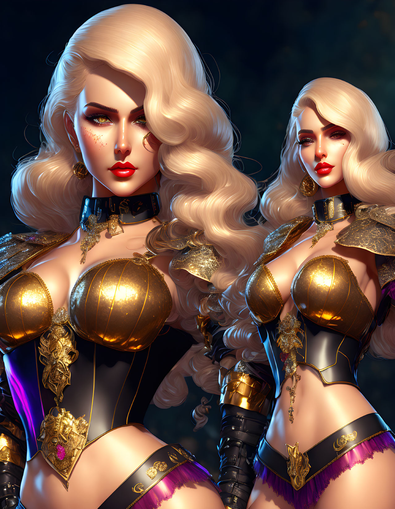 Identical Female Fantasy Characters in Golden Armor with Voluminous Blonde Hair
