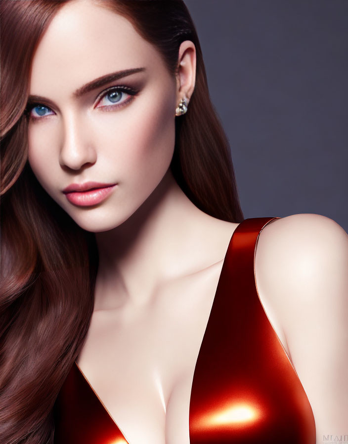 Woman with Blue Eyes in Red Dress and Makeup