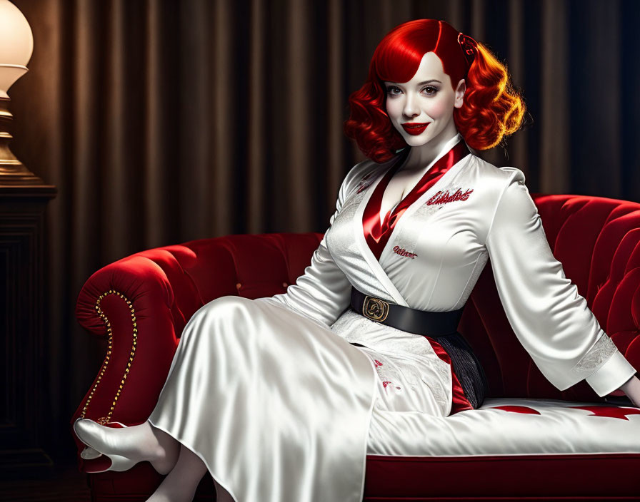 Red-haired woman in vintage attire on red sofa in dimly lit room