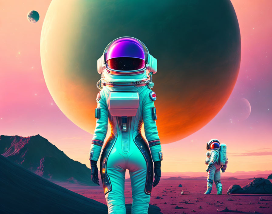 Futuristic astronauts on pink alien planet with moons & rocky terrain
