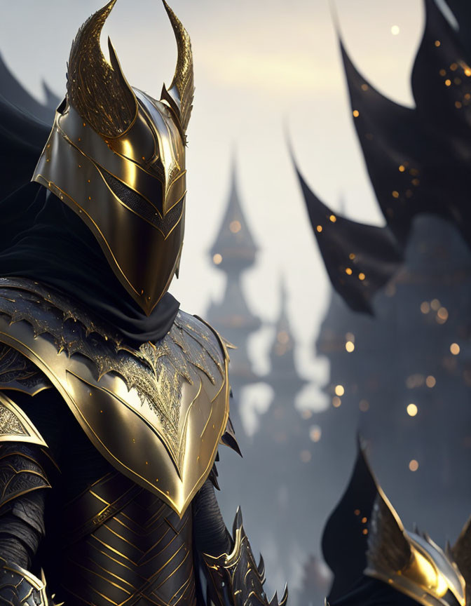 Majestic knight in black and gold armor against fantasy spires with ember glow