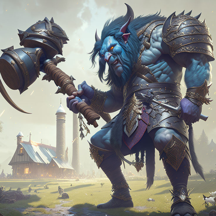 Blue-skinned warrior in heavy armor wields spiked mace in village scene