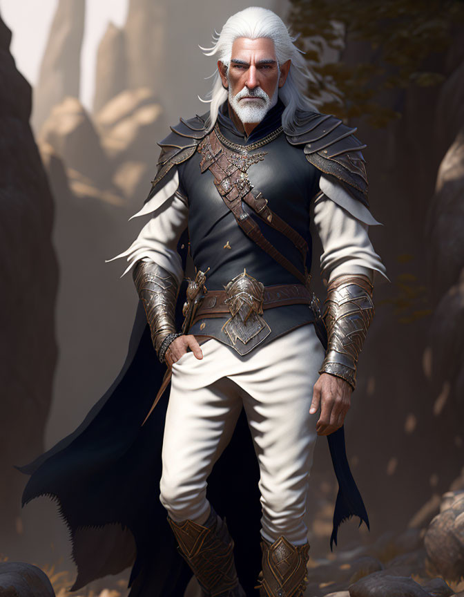 White-Haired Bearded Man in Medieval Fantasy Armor with Sword Hilt in Forest