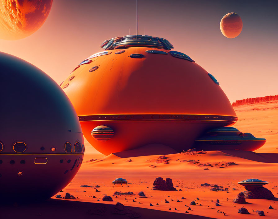 Orange Desert Landscape with Alien Structures and Flying Saucers in Alien Sky