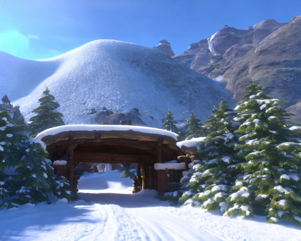 Winter cabin scene with snowy path, archway, pine trees, and mountains under clear sky