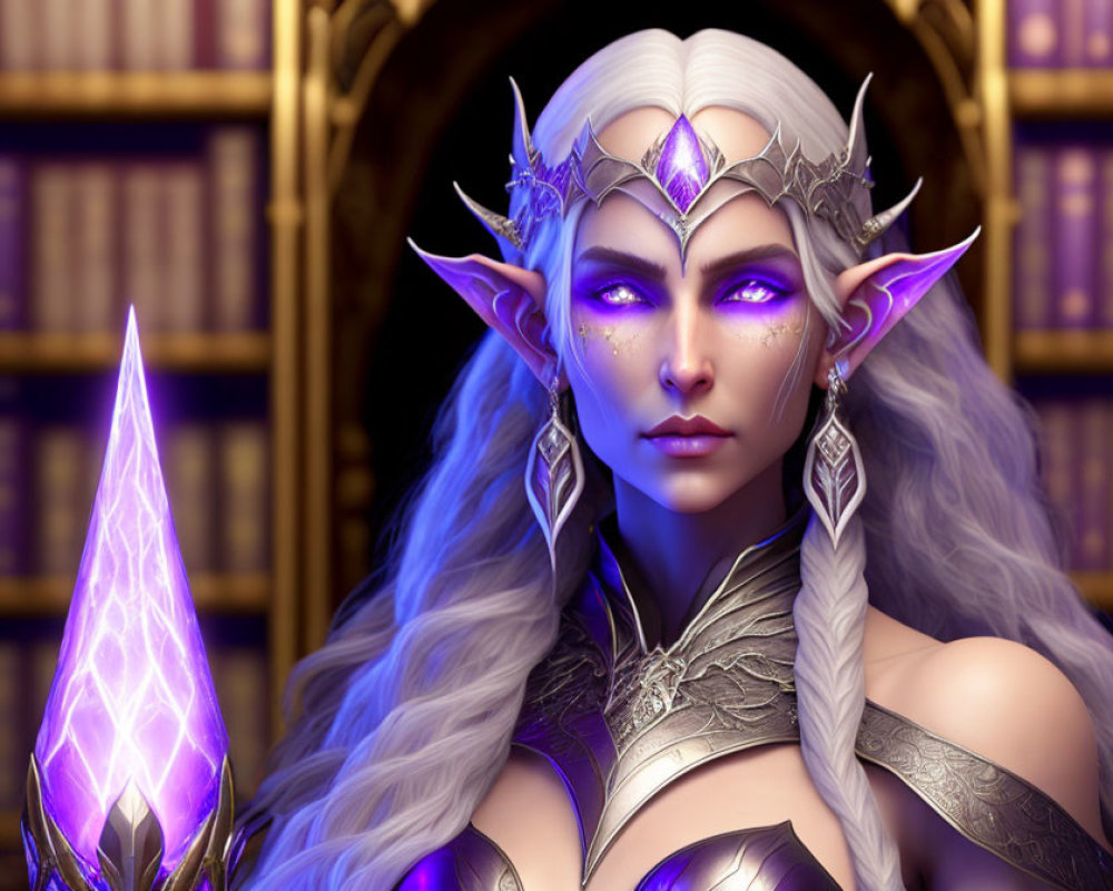 White-haired fantasy elf in silver armor near glowing purple crystal in golden library