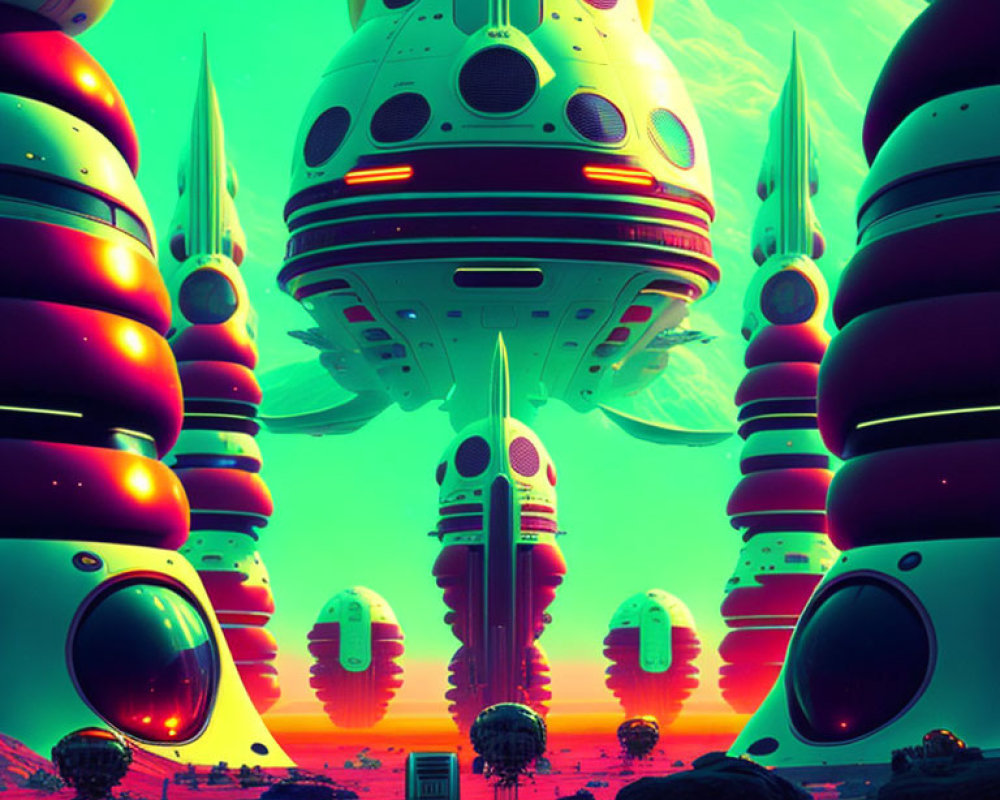 Futuristic sci-fi landscape with neon buildings and alien sky