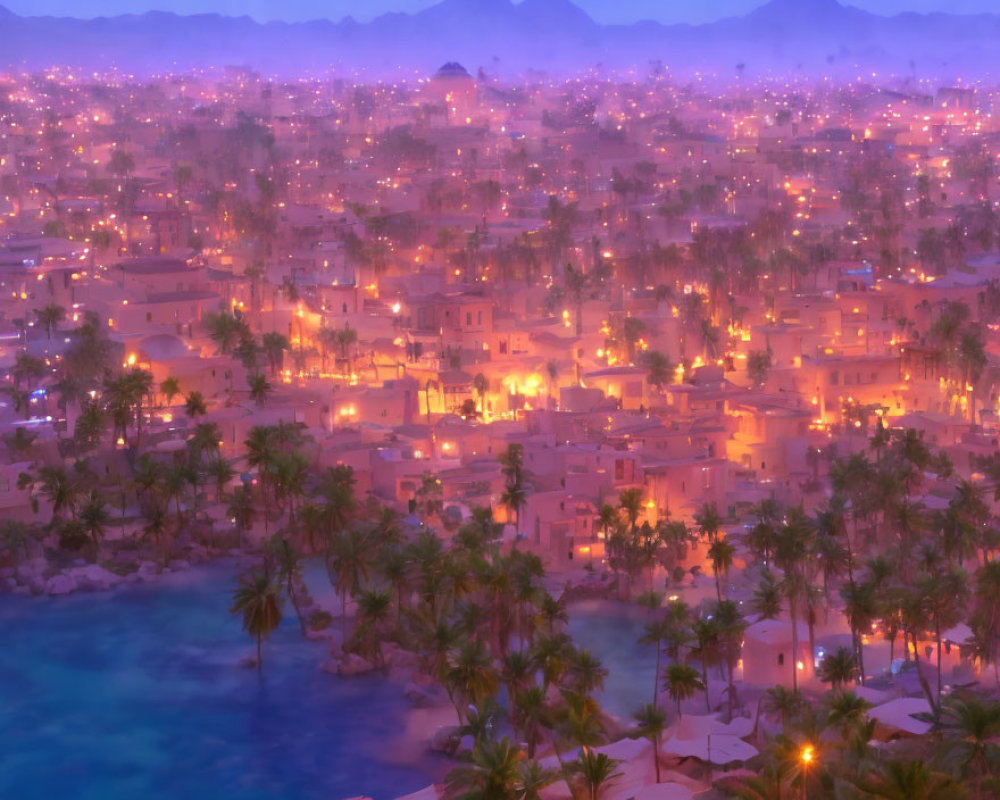 Cityscape with illuminated buildings, palm trees, and river at dusk