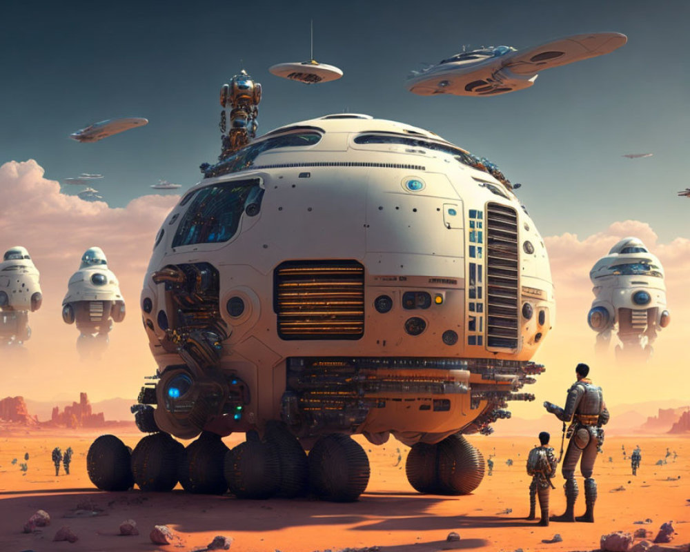 Person and child observe futuristic robots and ships in desert landscape
