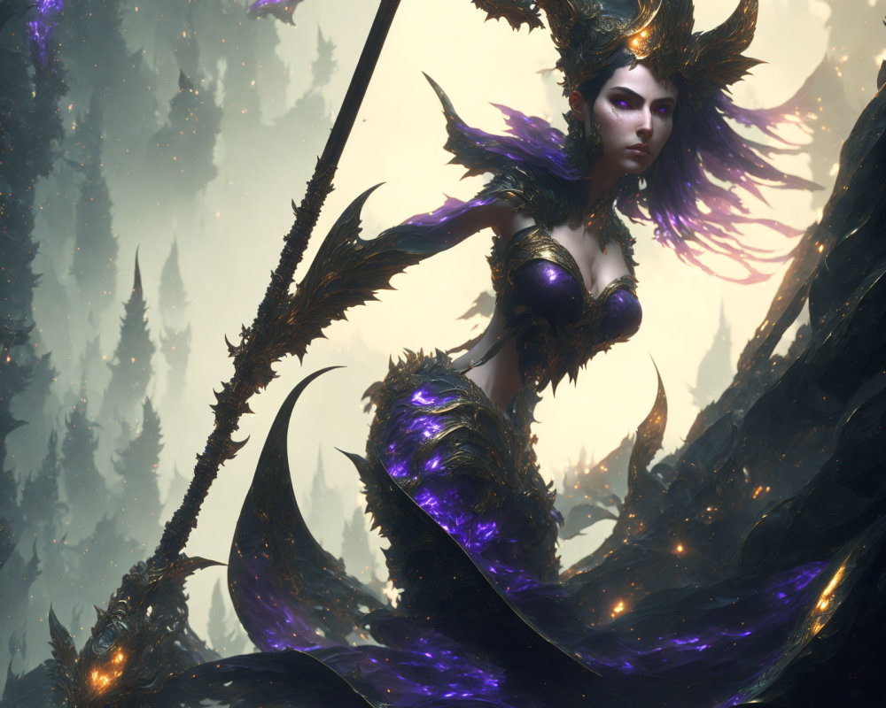 Mystical female character in dark ornate armor with glowing purple accents in ethereal forest