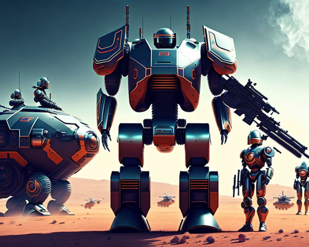 Futuristic robots and vehicles in desert landscape with large bipedal mech