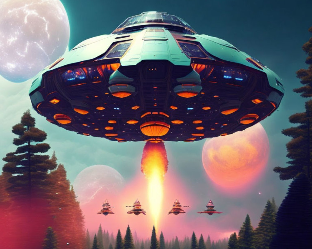 Flying saucers with orange underglow hover over forest with alien planets and teal sky