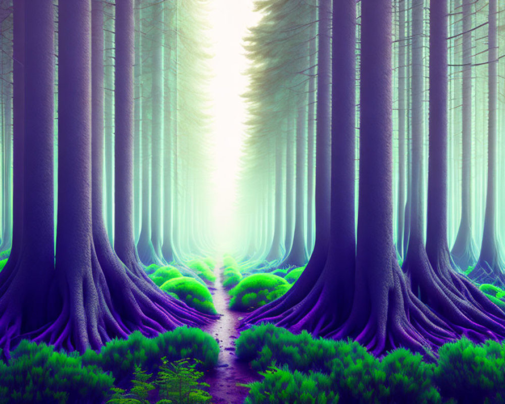 Neon purple tree trunks in a vibrant digital forest