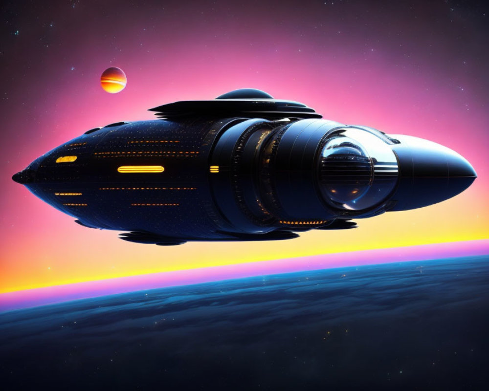 Futuristic spaceship hovering above planet's surface in space.
