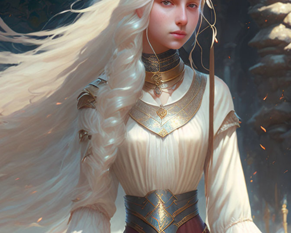 White-haired woman in fantasy attire with gold accents in serene setting