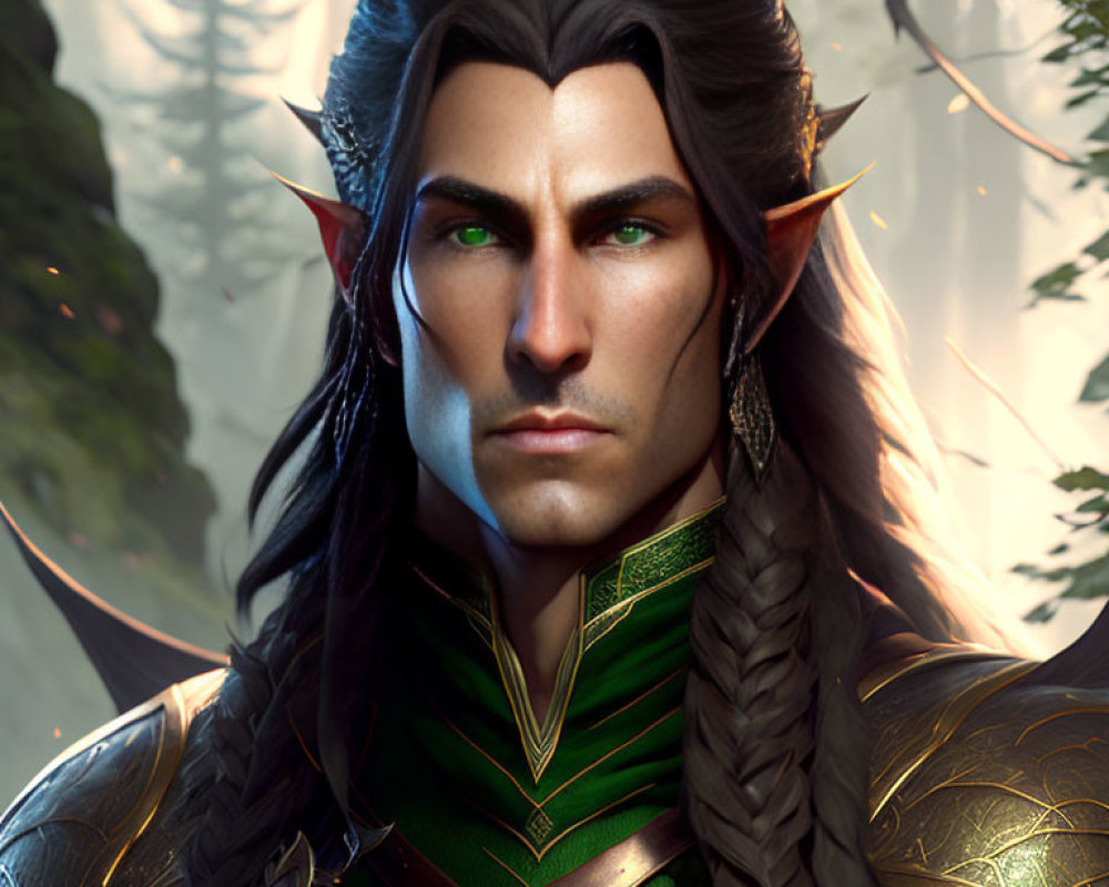 Male elf with pointed ears, braided hair, and green armor in forest scene