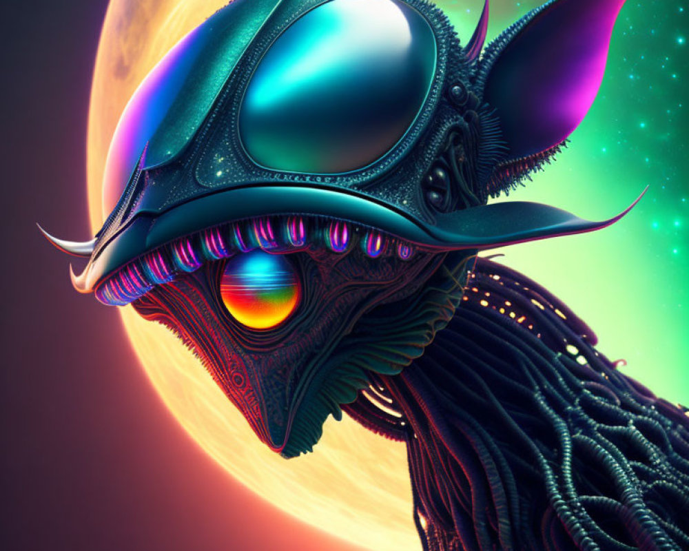 Colorful alien creature with glossy head in cosmic setting
