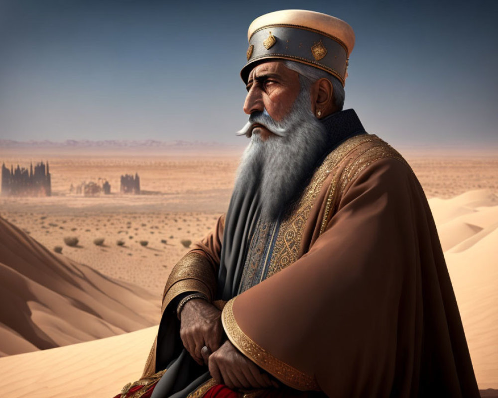 Regal elder with white beard in ornate robes overlooking desert landscape
